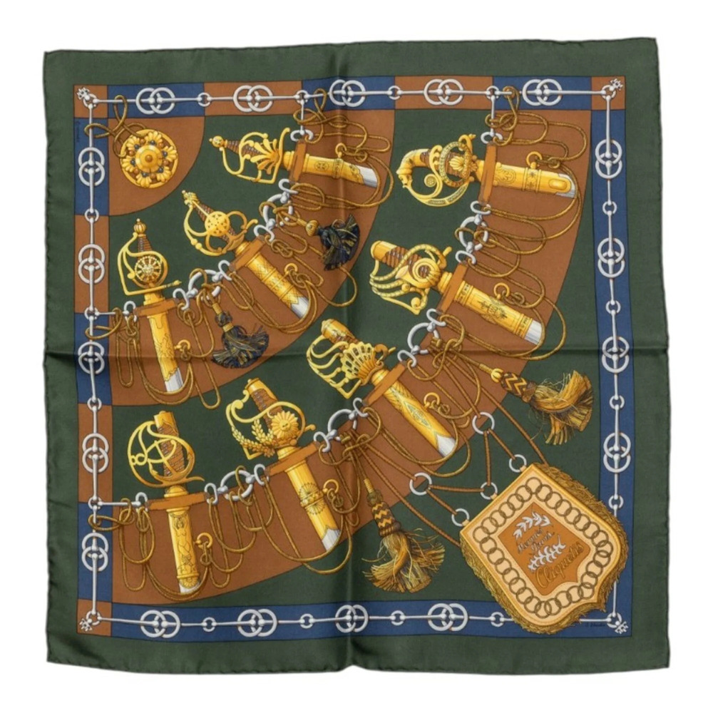Hermes Carre 45 Cliquetis Scarf/Muffler, Khaki Multicolor Silk, Women's